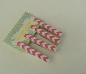 Set of 4 Pink and White Chevron Clothespin Magnets