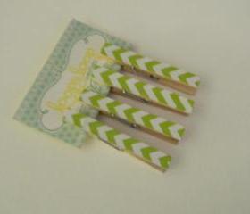 Set of 4 Green and White Chevron Clothespin Magnets