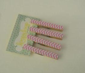 Set of 4 Pink and White Chevron Clothespin Magnets