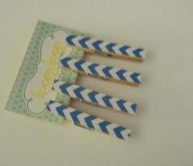 Set of 4 Royal Blue and White Chevron Clothespin Magnets