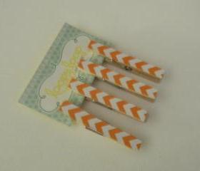 Set of 4 Orange and White Chevron Clothespin Magnets