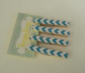 Set of 4 Turquoise and White Chevron Clothespin Magnets
