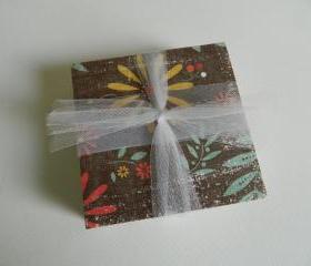 Brown, Yellow, Turquoise and Orange Flower Tile Print Coasters