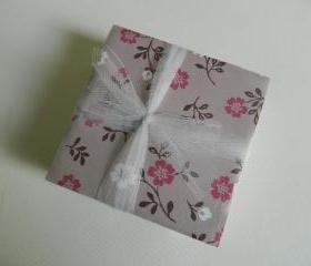 Gray, Pink and White Flower Tile Print Coasters